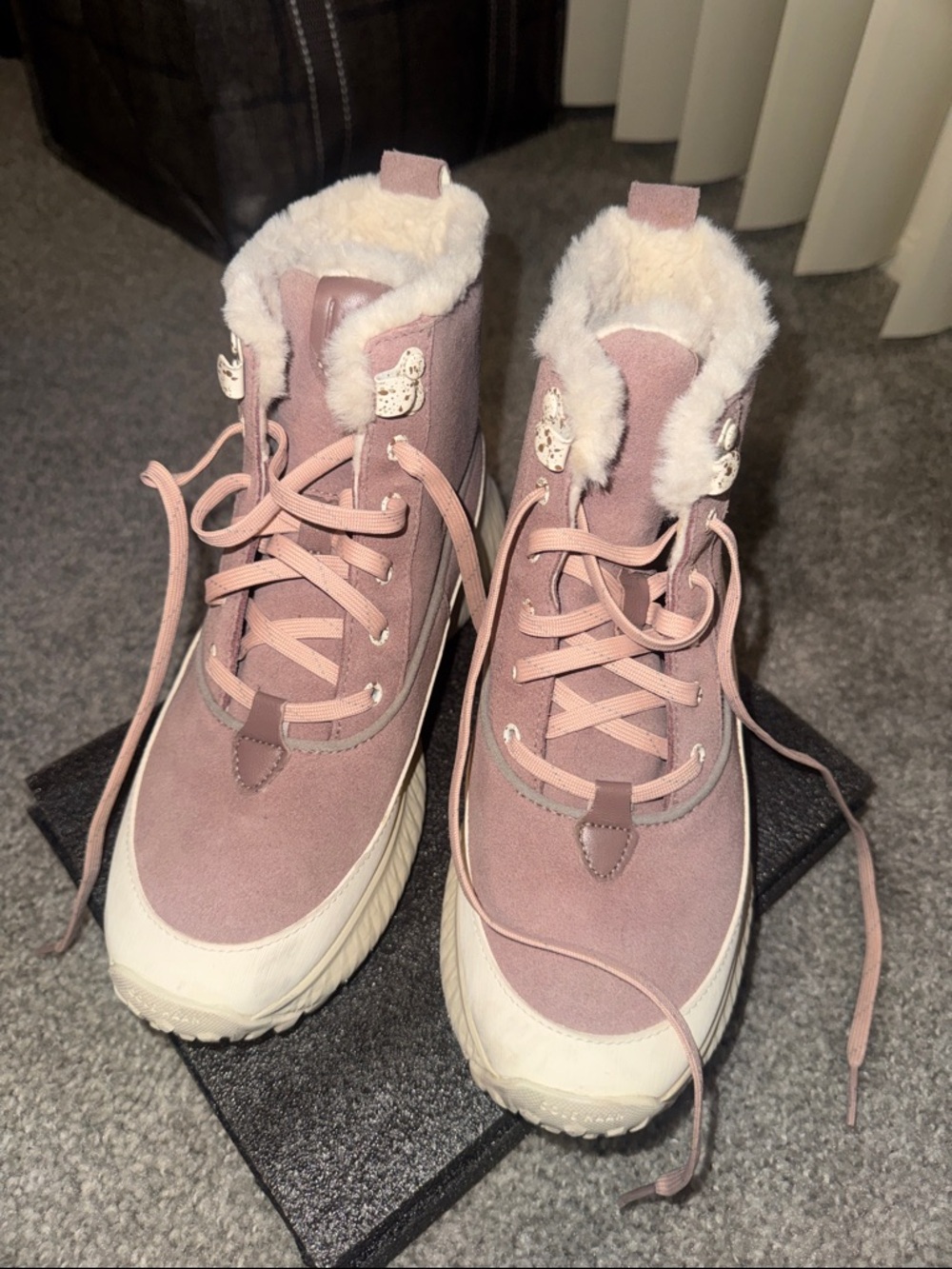 Cole Haan Pink Faux-Fur Trim Lace-Up Winter Boots